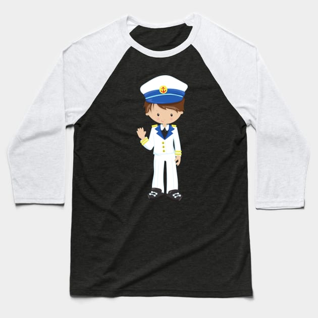 Boat Captain, Skipper, Brown Hair, Cute Boy Baseball T-Shirt by Jelena Dunčević